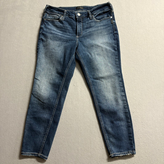 Silver Jeans Co Suki Skinny Crop Jeans Womens 12W L26 Blue Denim Distressed Hem
