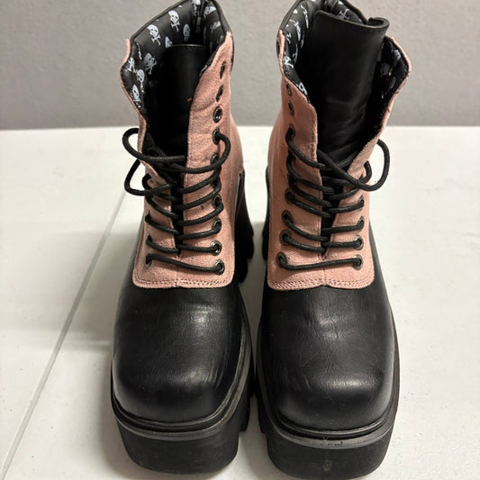 Lamoda Womens Size 7 Platform Combat Boots Black Pink Skull Print Lining Chunky