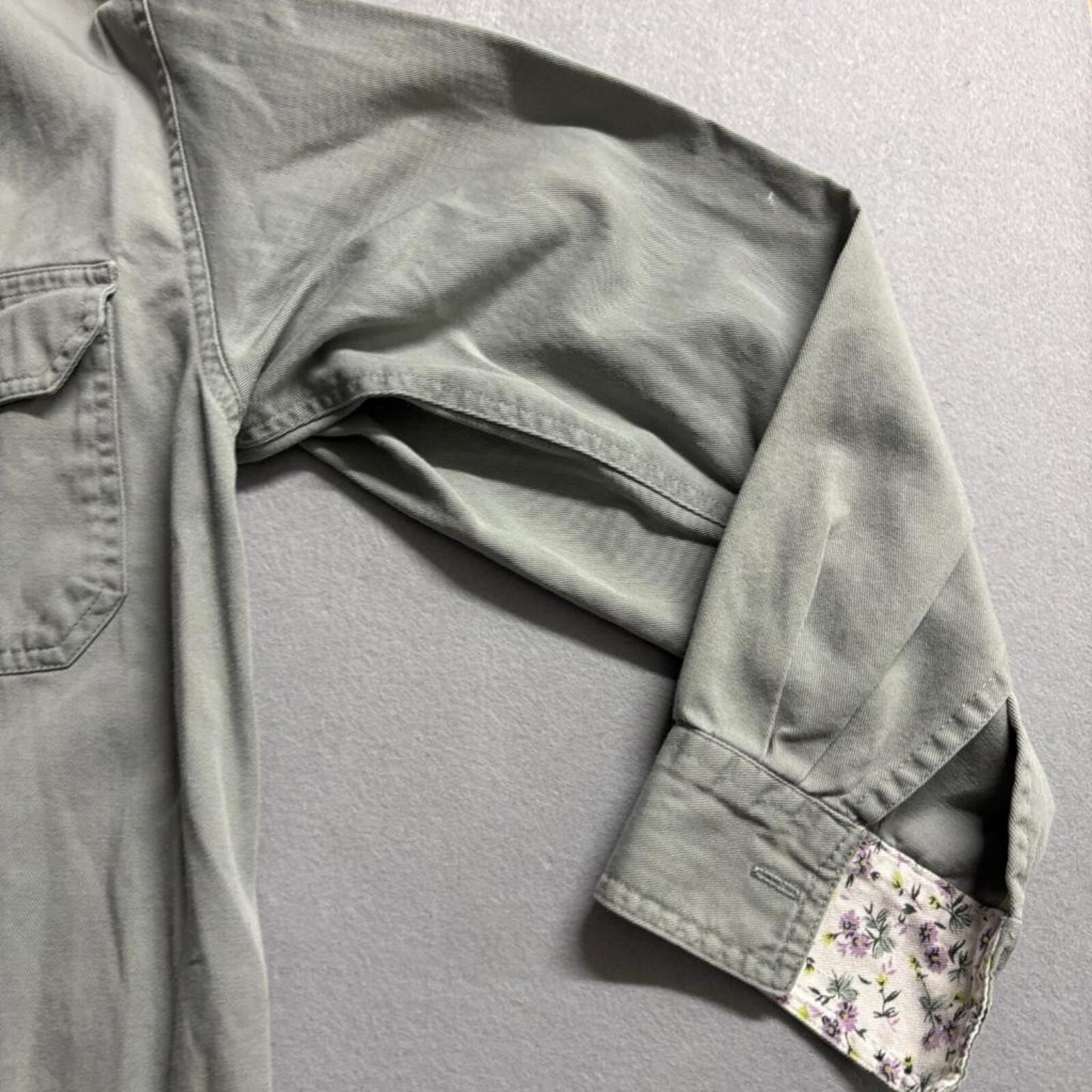 High Sierra Womens Medium Green Twill Button Up Shirt Floral Trim Long Sleeve