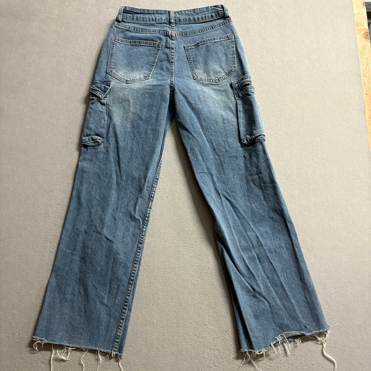 Unbranded Women Blue High Rise Wide Leg Cargo Jeans Size 2 Raw Hem Utility Denim