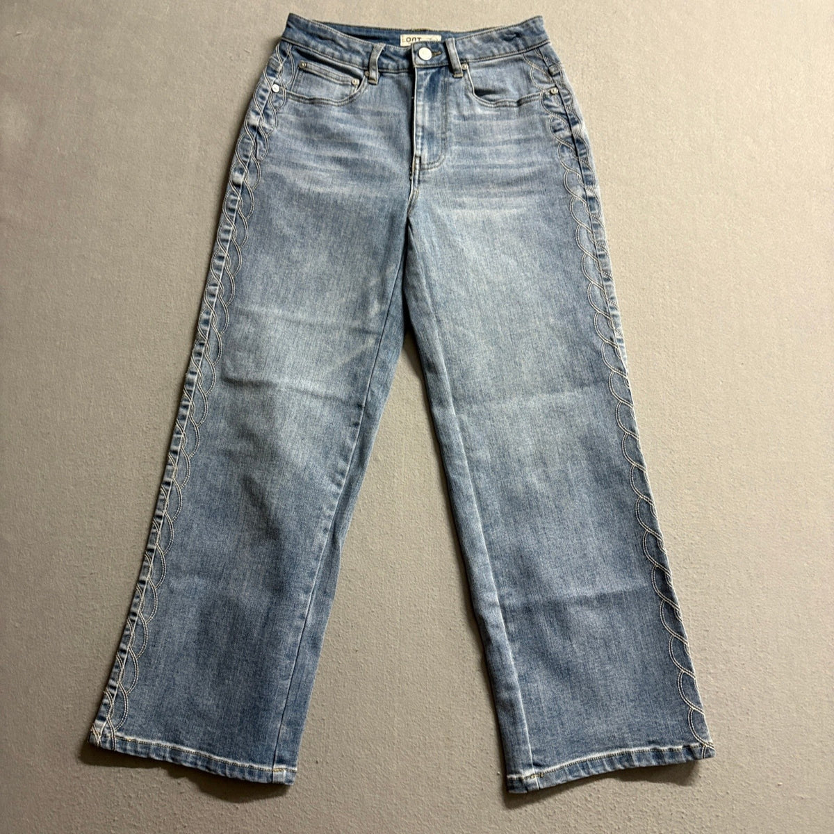 OAT New York Scallop Trim Wide Leg Jeans Womens Size 2 26 Blue Denim High Rise