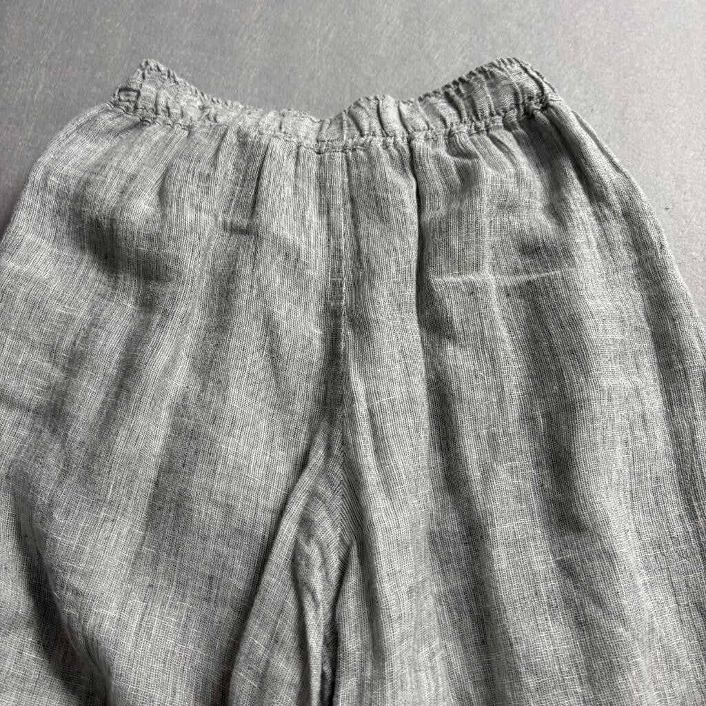 Tahari Linen Pants Womens Medium Gray White Striped Wide Leg Cropped Elastic