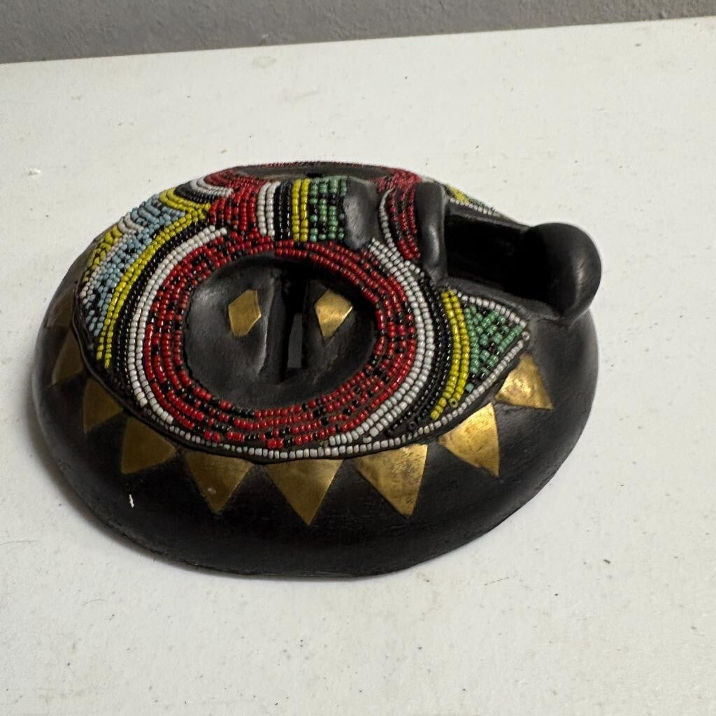 African Beaded Wood Mask Hand Carved Round Tribal Wall Hanging Brass Accents 7in