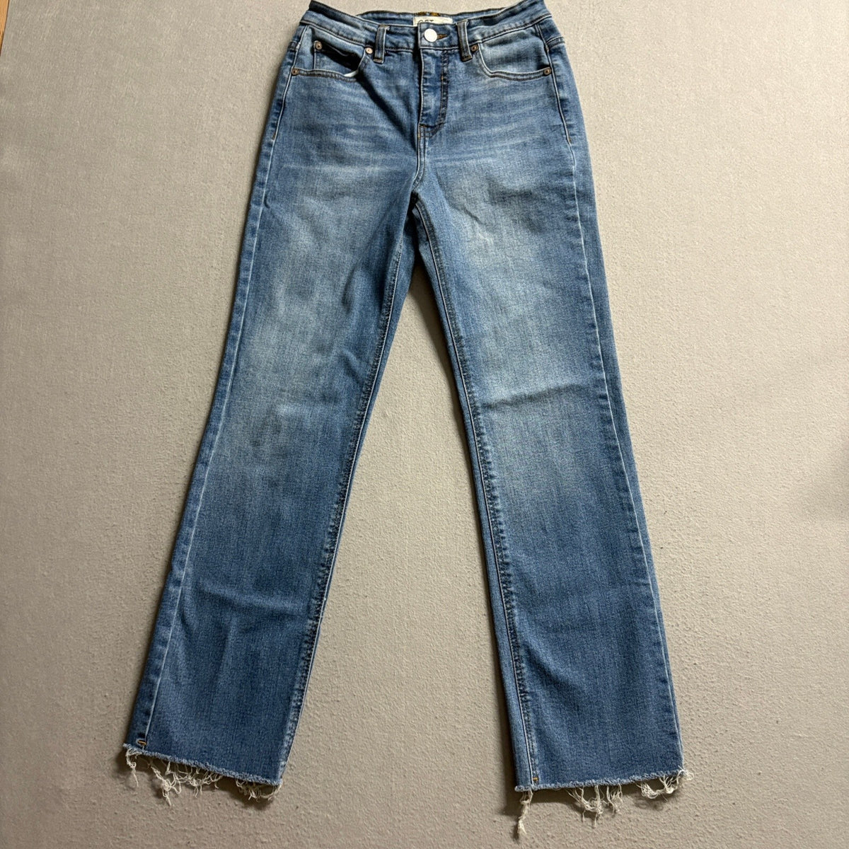 OAT New York Straight Leg Jeans Size 0 25 Blue High Rise Raw Hem Stretch Denim