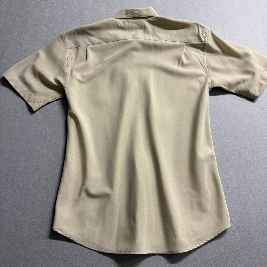 Kenpo Mens Medium Short Sleeve Button Up Shirt Beige Striped Polyester Casual
