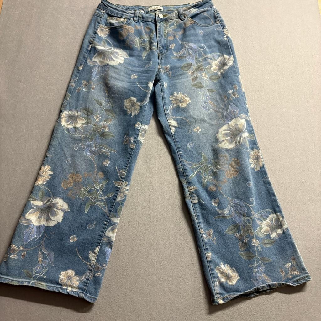 Blue Turtle Exclusive Floral Wide Leg Jeans Womens 13 Blue Denim Stretch High
