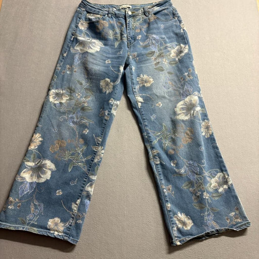 Blue Turtle Exclusive Floral Wide Leg Jeans Womens 13 Blue Denim Stretch High