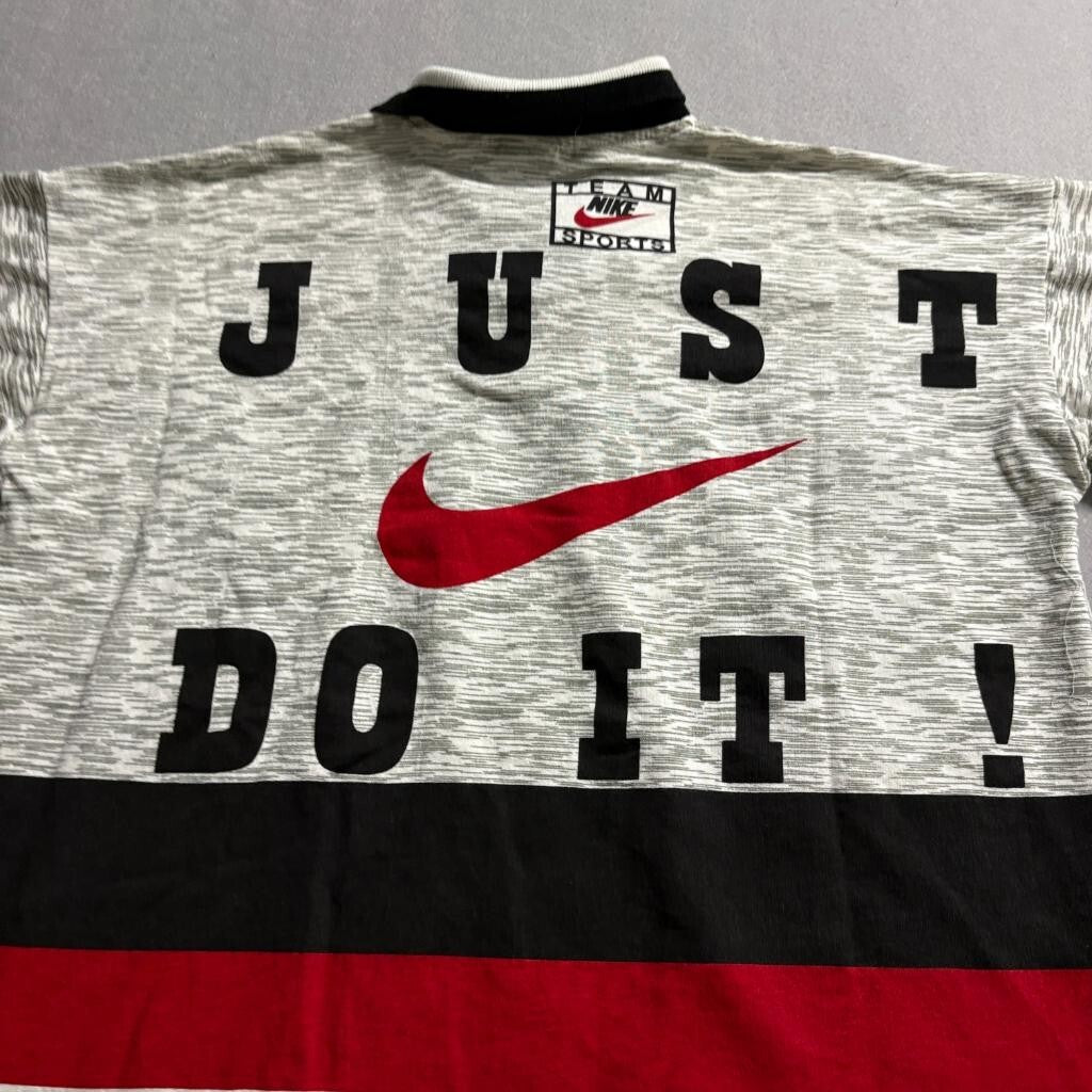 Vintage Nike Polo Shirt Mens Large Gray Red Spell Out Just Do It 90s Streetwear