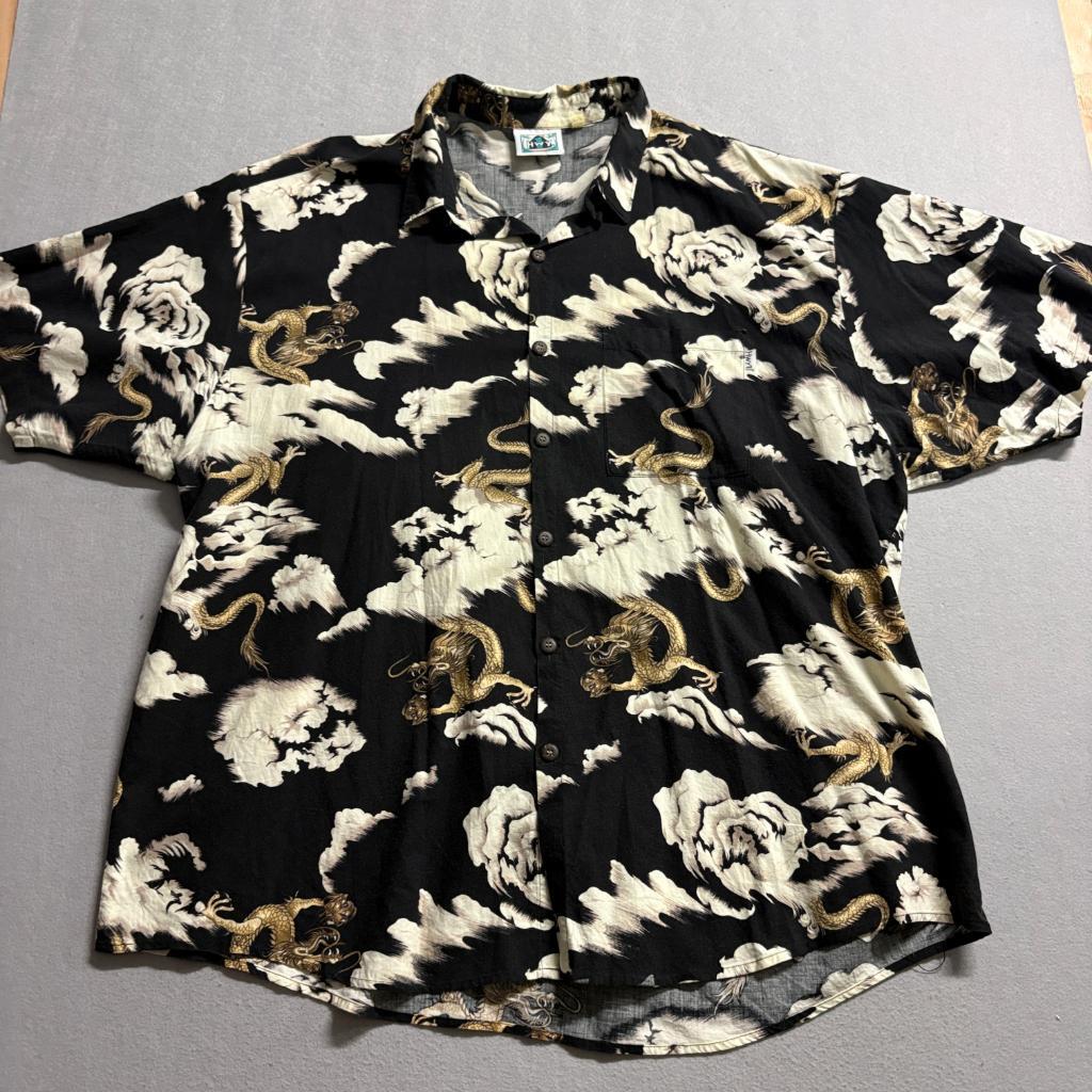 Hwy 1 Vintage Dragon Hawaiian Shirt Mens 3XT Black Gold Clouds Made in USA