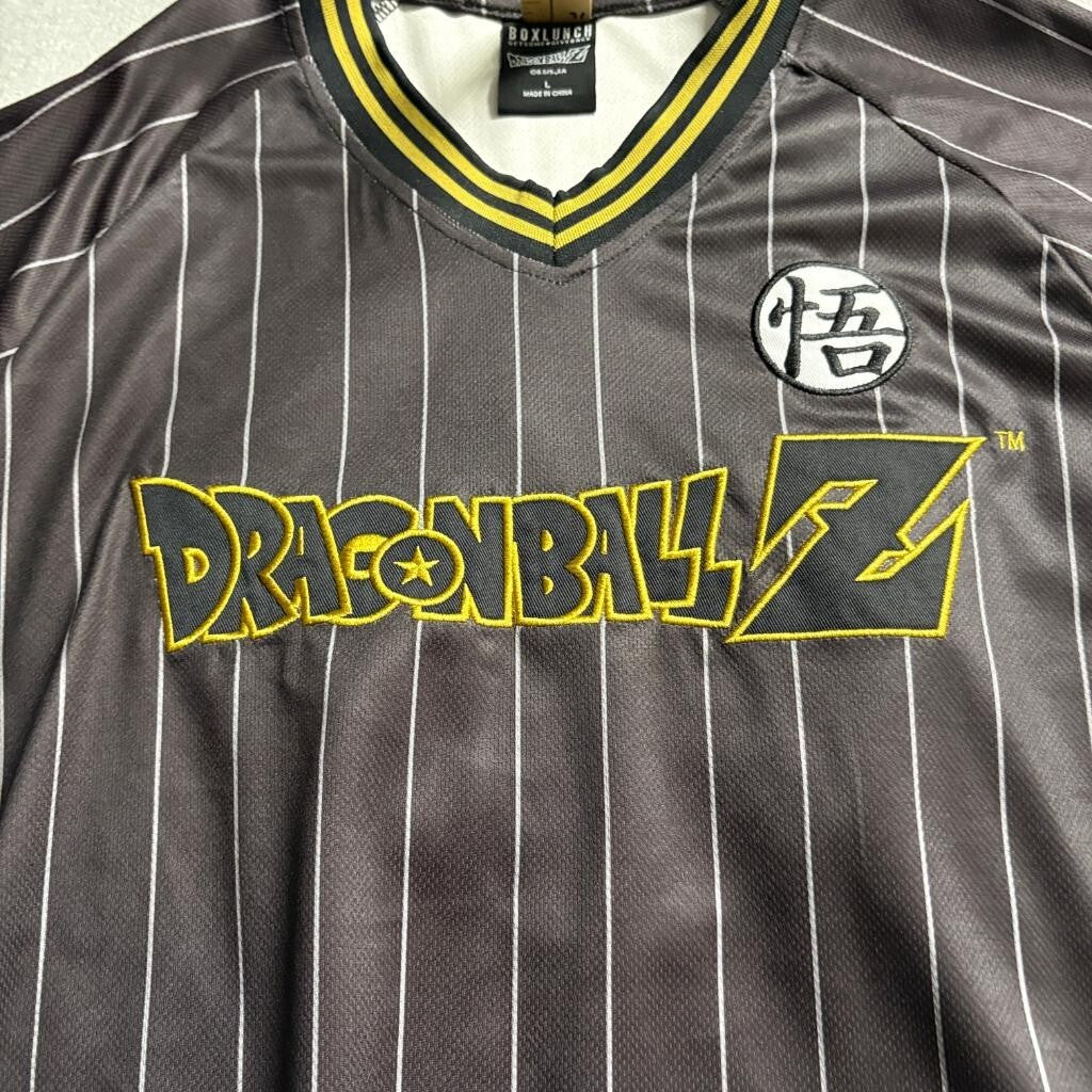 Dragon Ball Z Goku Baseball Jersey Shirt Mens Large BoxLunch Black Pinstripe