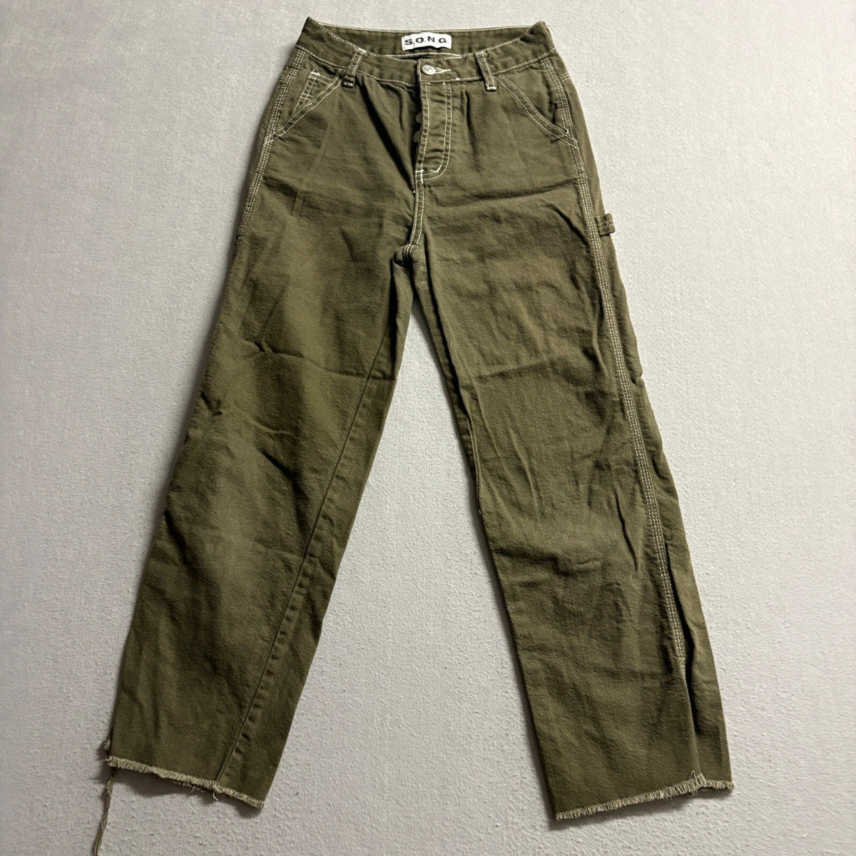 S.O.N.G. Carpenter Jeans Womens 00/23 Olive Green High Rise Raw Hem Wide Leg