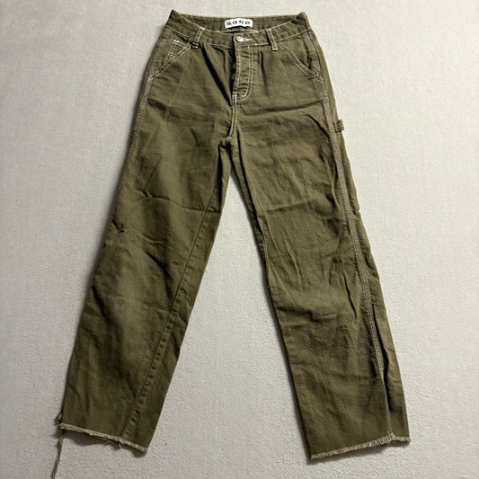 S.O.N.G. Carpenter Jeans Womens 00/23 Olive Green High Rise Raw Hem Wide Leg