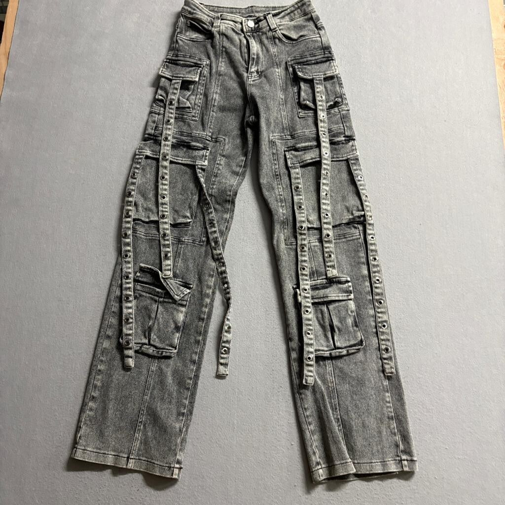 Impulsive Womens Cargo Pants Size S Gray Acid Wash High Rise Wide Leg Straps
