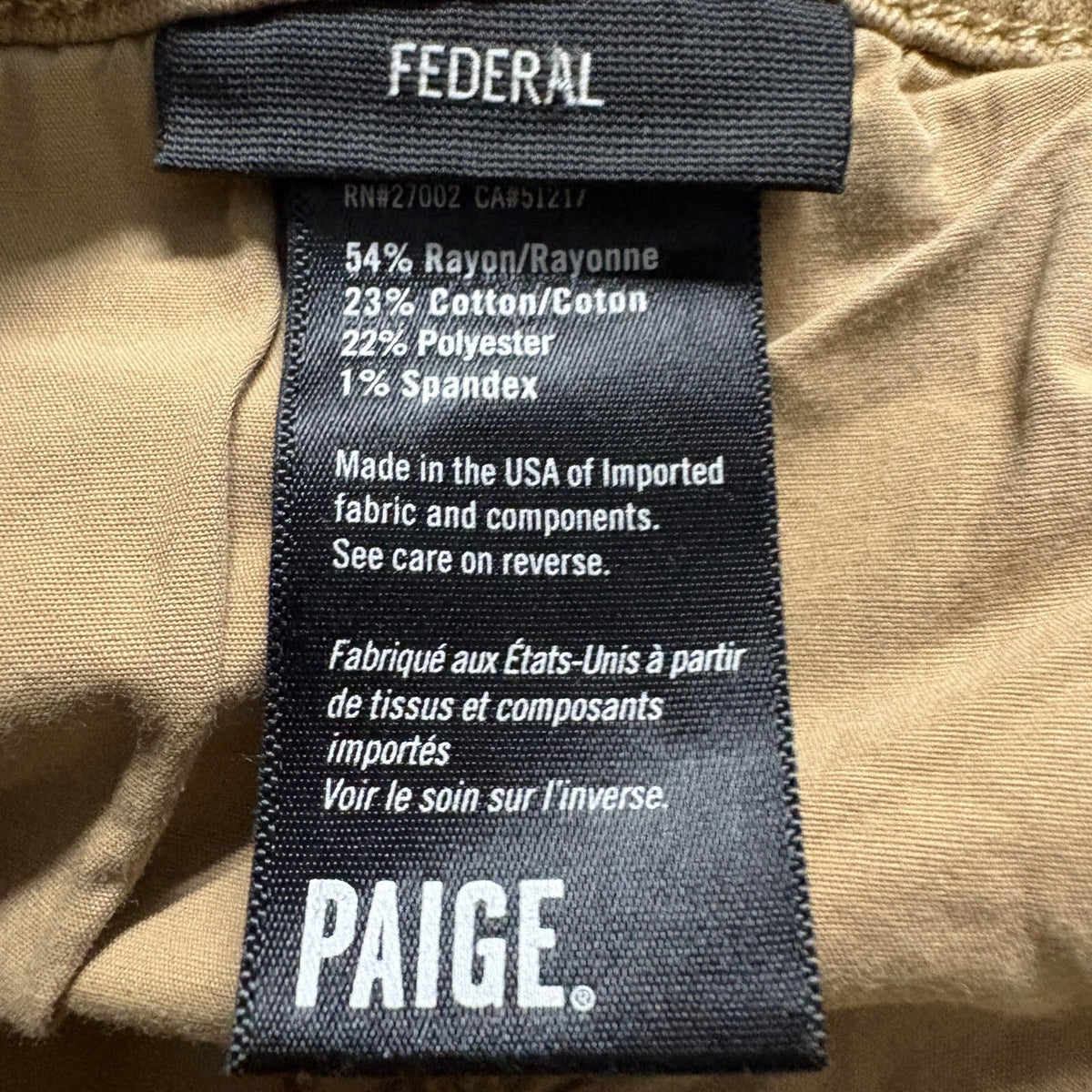Paige Federal Slim Straight Jeans Mens 32 Tan Brown Stretch Denim Made in USA