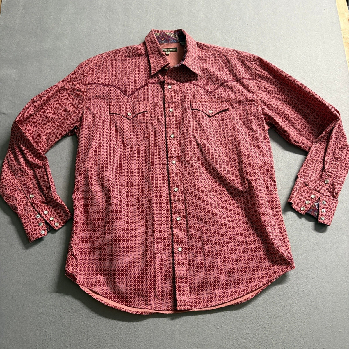 Stetson Western Shirt Mens XL Pink Purple Geometric Pearl Snap Long Sleeve