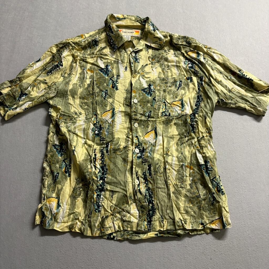 Sunset Highway Hawaiian Shirt Mens XL Green Rayon Tropical Sailboat Camp Shirt