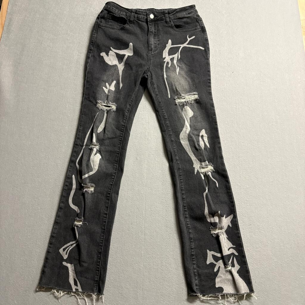 Shein Distressed Graphic Print Jeans Womens Large Black Raw Hem Ripped Denim
