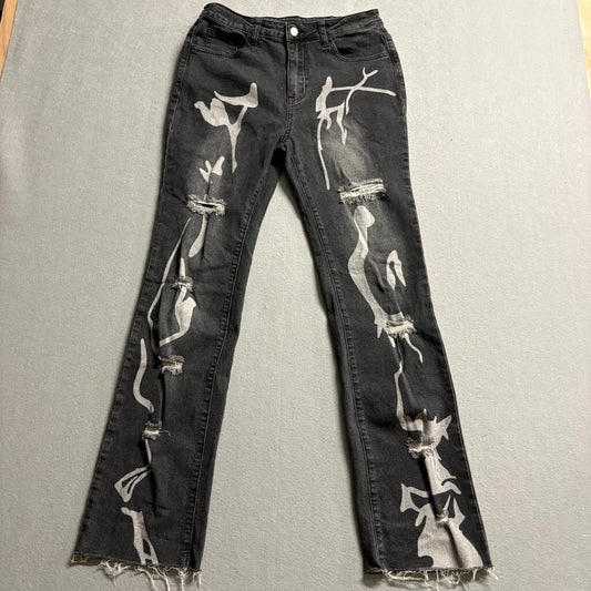 Shein Distressed Graphic Print Jeans Womens Large Black Raw Hem Ripped Denim