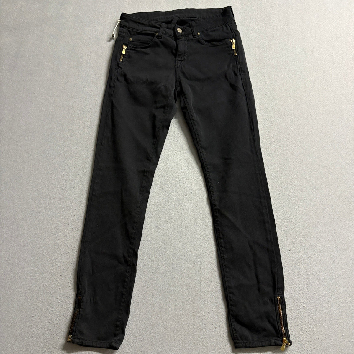 Acquaverde Vintage Denim Womens Skinny Jeans Black Gold Zipper Ankle Size 26