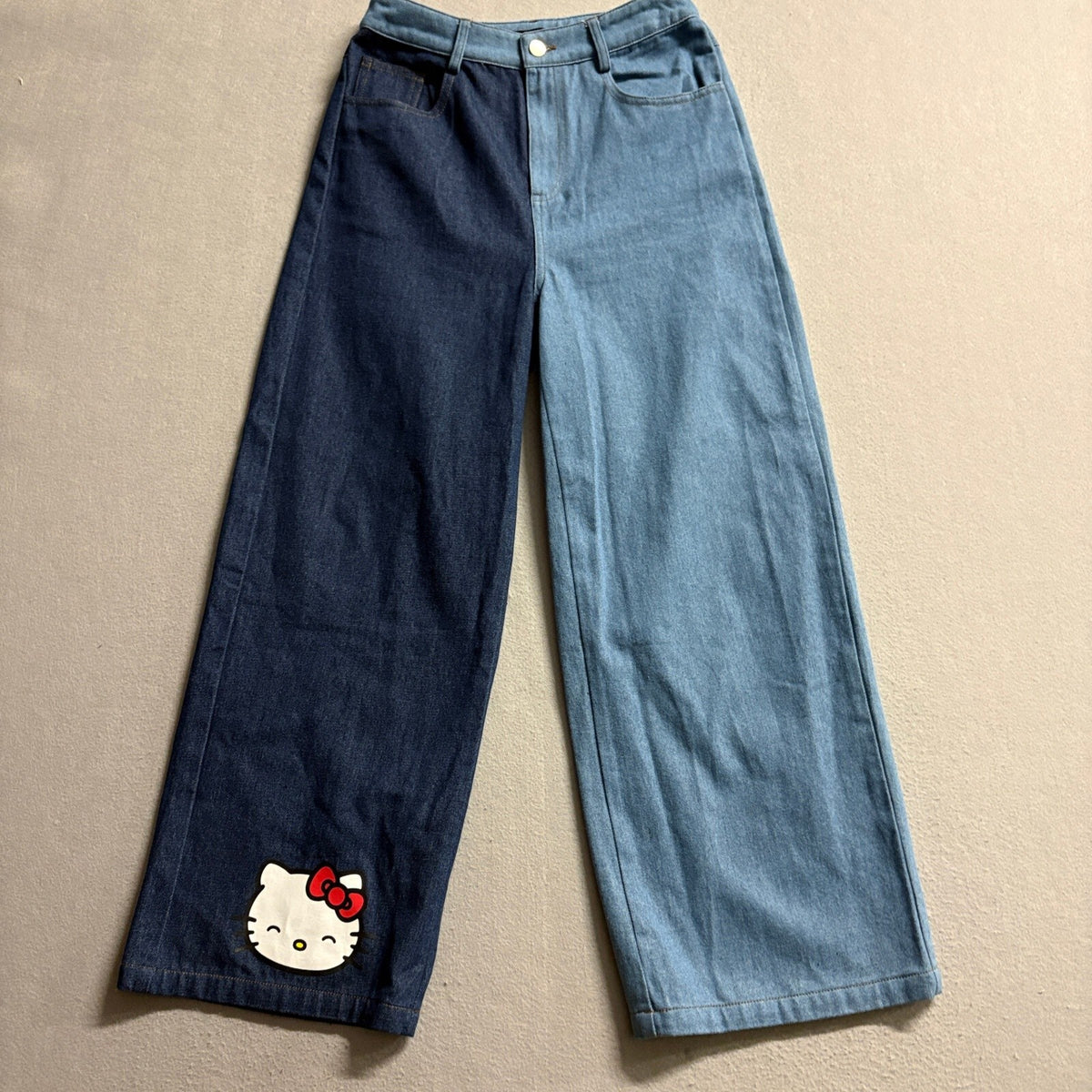 Shein Hello Kitty Wide Leg Jeans Womens Small Two Tone Blue Denim Colorblock