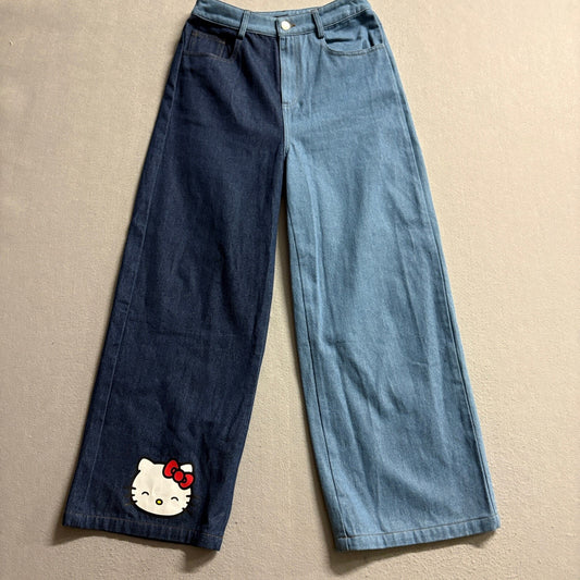 Shein Hello Kitty Wide Leg Jeans Womens Small Two Tone Blue Denim Colorblock