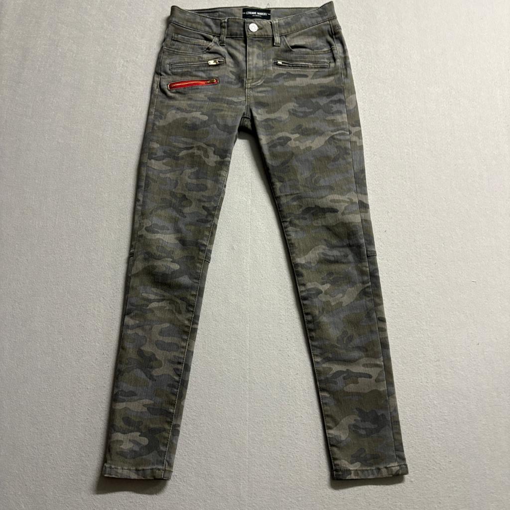 Etienne Marcel Camo Skinny Moto Jeans Womens 26 Camouflage Red Zipper Accent