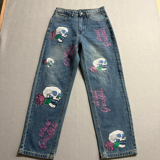SHEIN Skull Rose Graffiti Print Jeans Womens XS Blue Denim Straight Leg Pants