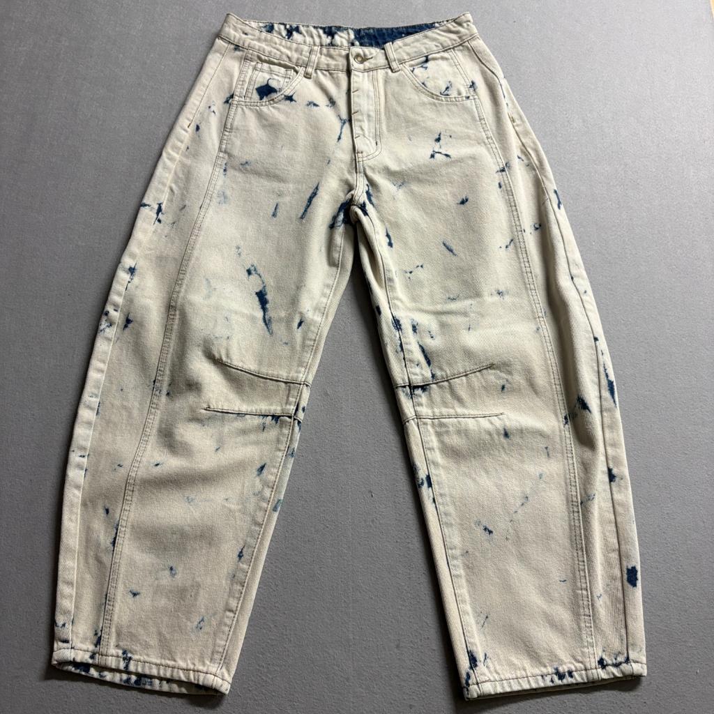 Shein Womens Tie Dye Barrel Jeans Size M 6 Beige Blue Acid Wash Wide Leg Denim