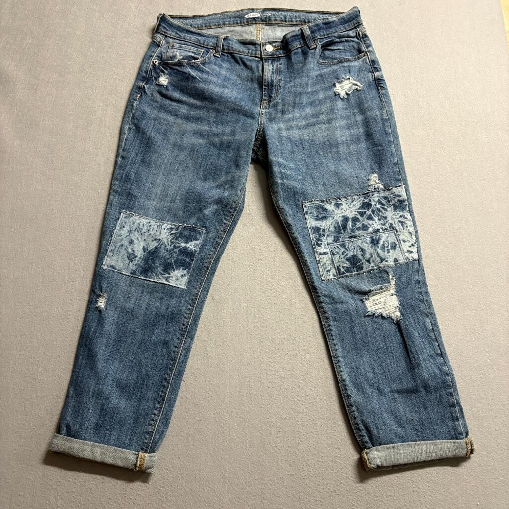 Old Navy Boyfriend Mid Rise Jeans Womens 12 Blue Distressed Patchwork Cuff Denim