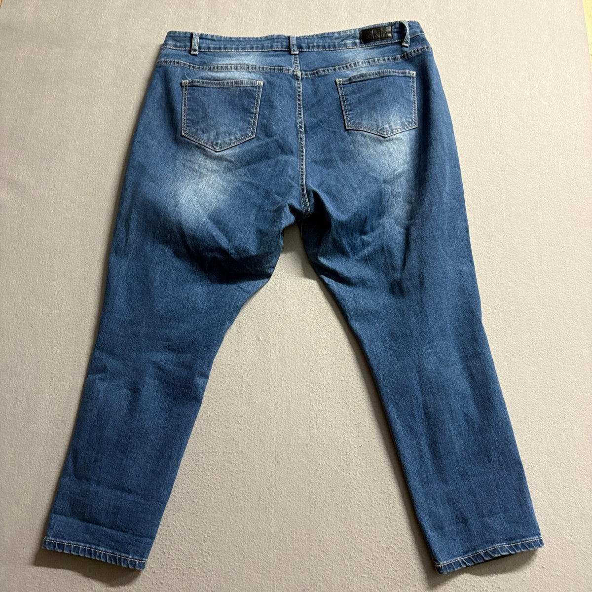 Dkin Jeans Womens 20W Blue Distressed Embroidered Floral Cropped Skinny Stretch