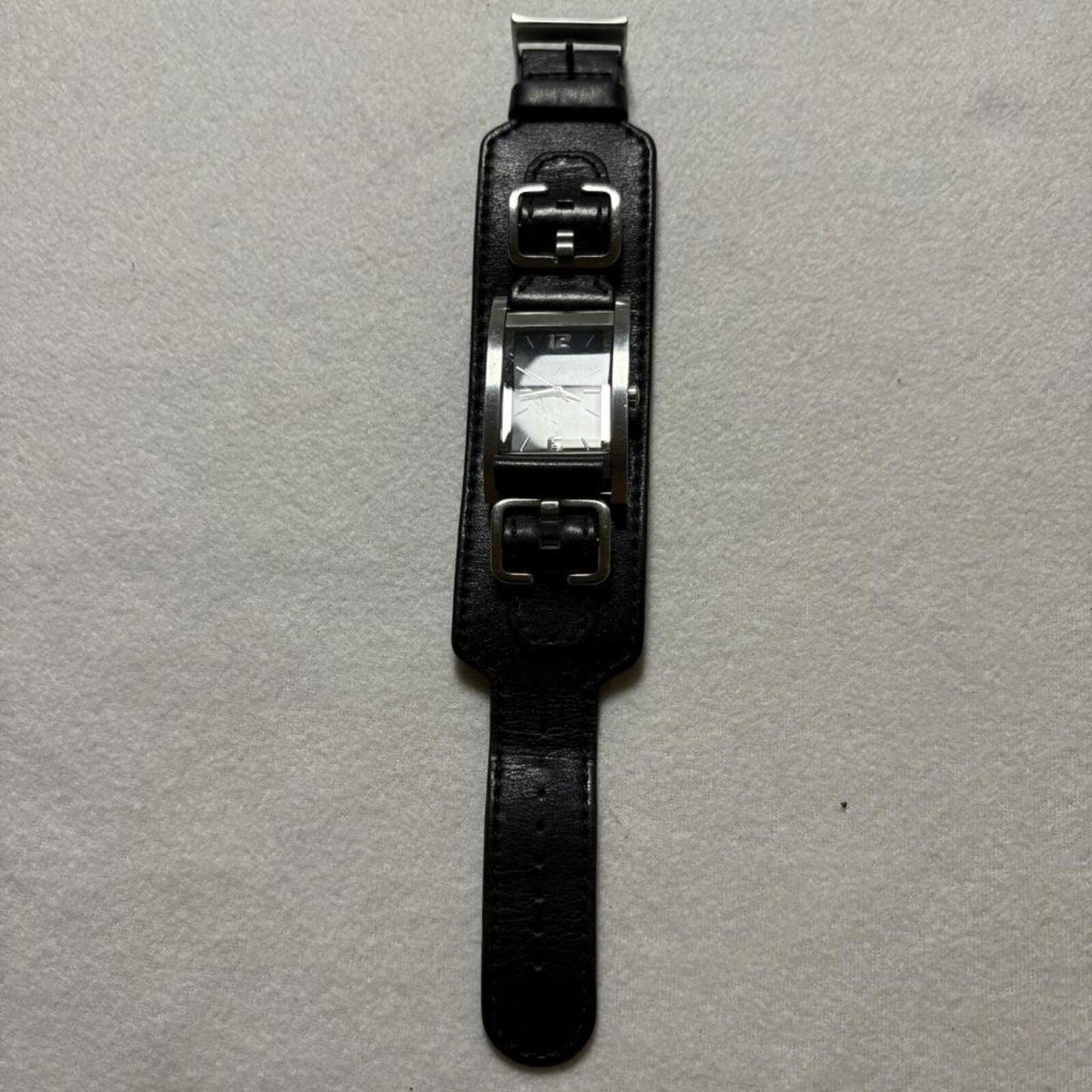 Guess Mens Watch Black Dial Rectangular Silver Case Black Leather Cuff Band