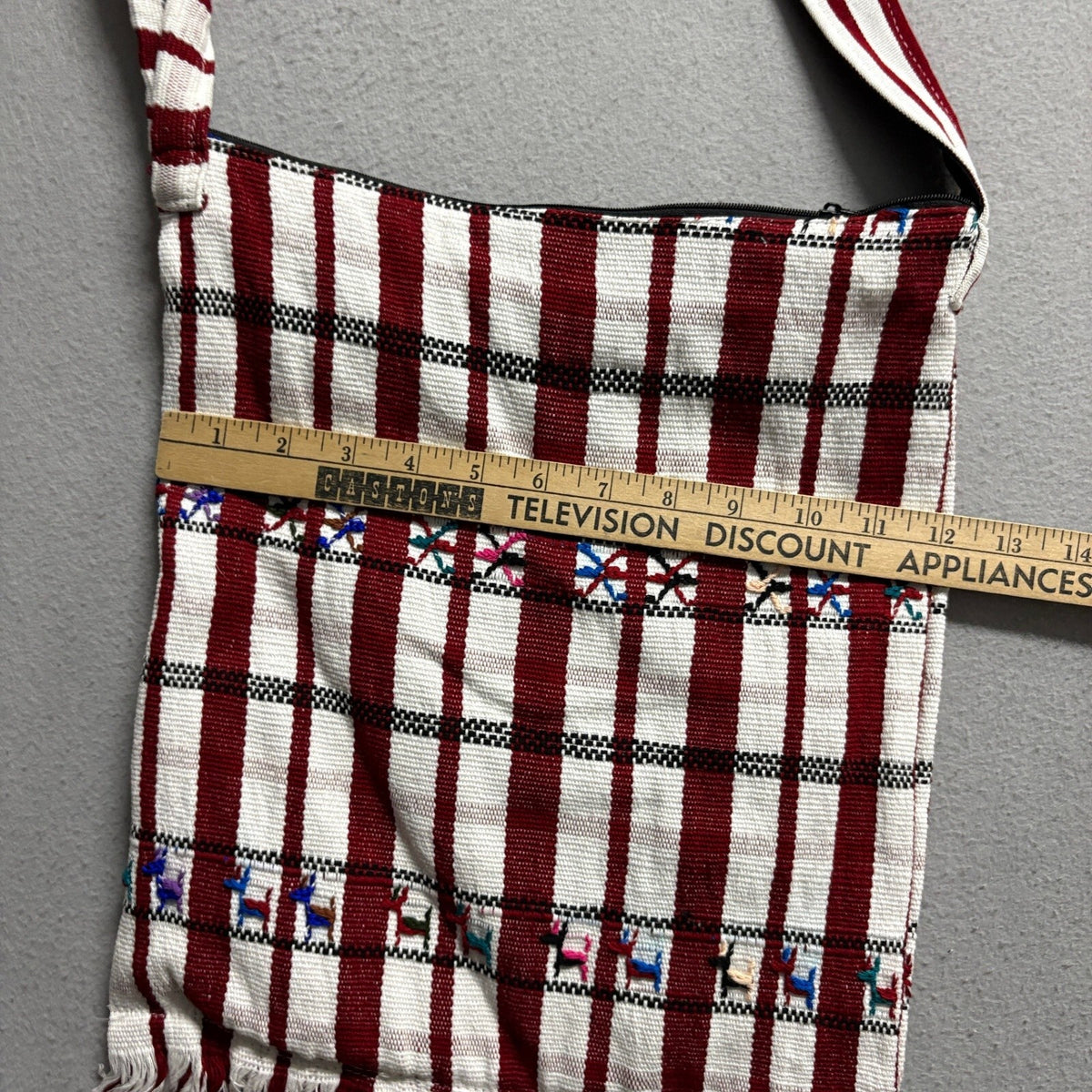 Vintage Handwoven Peruvian Llama Crossbody Bag Red White Striped Fringe Boho