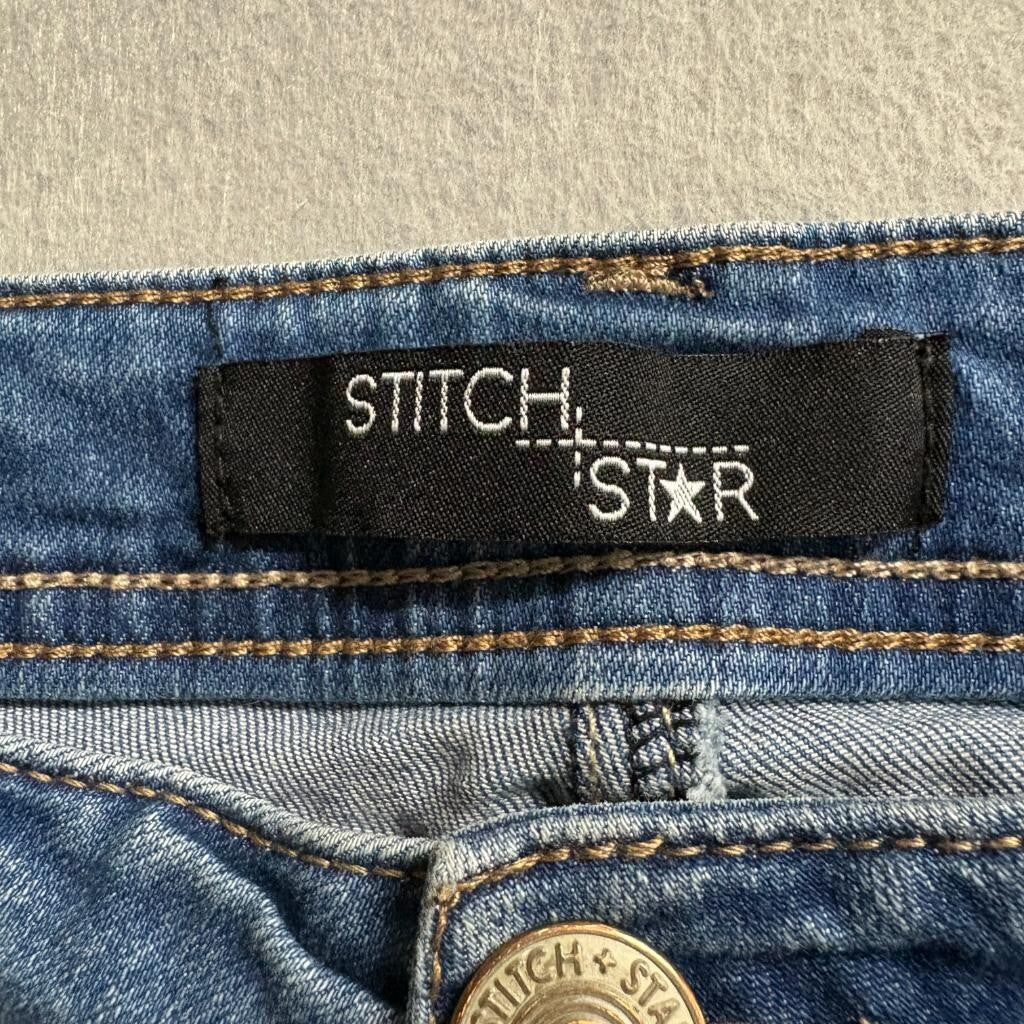 Stitch Star Crop Jeans Womens 8P Blue Denim Lace Trim Hem Stretch Capris