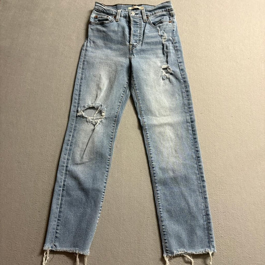 Levis Wedgie Straight Jeans Womens 26 Light Wash Distressed Raw Hem Denim