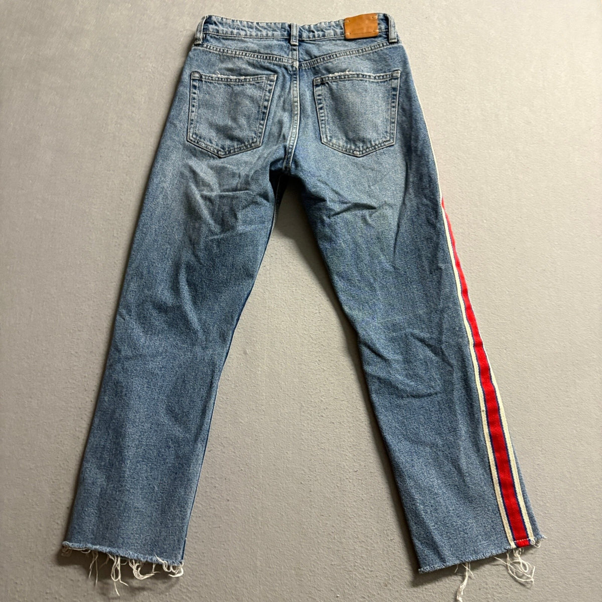 Zara TRF Side Stripe Jeans Womens Size 24 Blue Denim Raw Hem Straight Leg