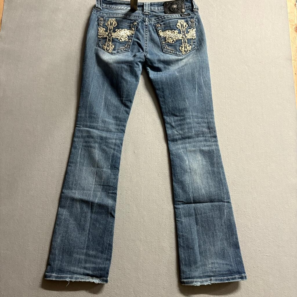Miss Me Bootcut Jeans Womens 29 Blue Distressed Embellished JP6187B Inseam 32