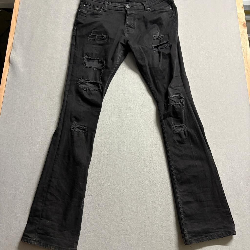 BoohooMAN Mens Distressed Flare Jeans Black Stretch Denim Size 36 x 36