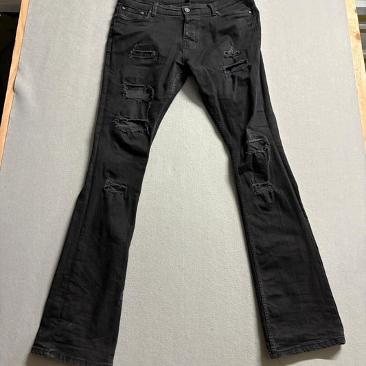 BoohooMAN Mens Distressed Flare Jeans Black Stretch Denim Size 36 x 36