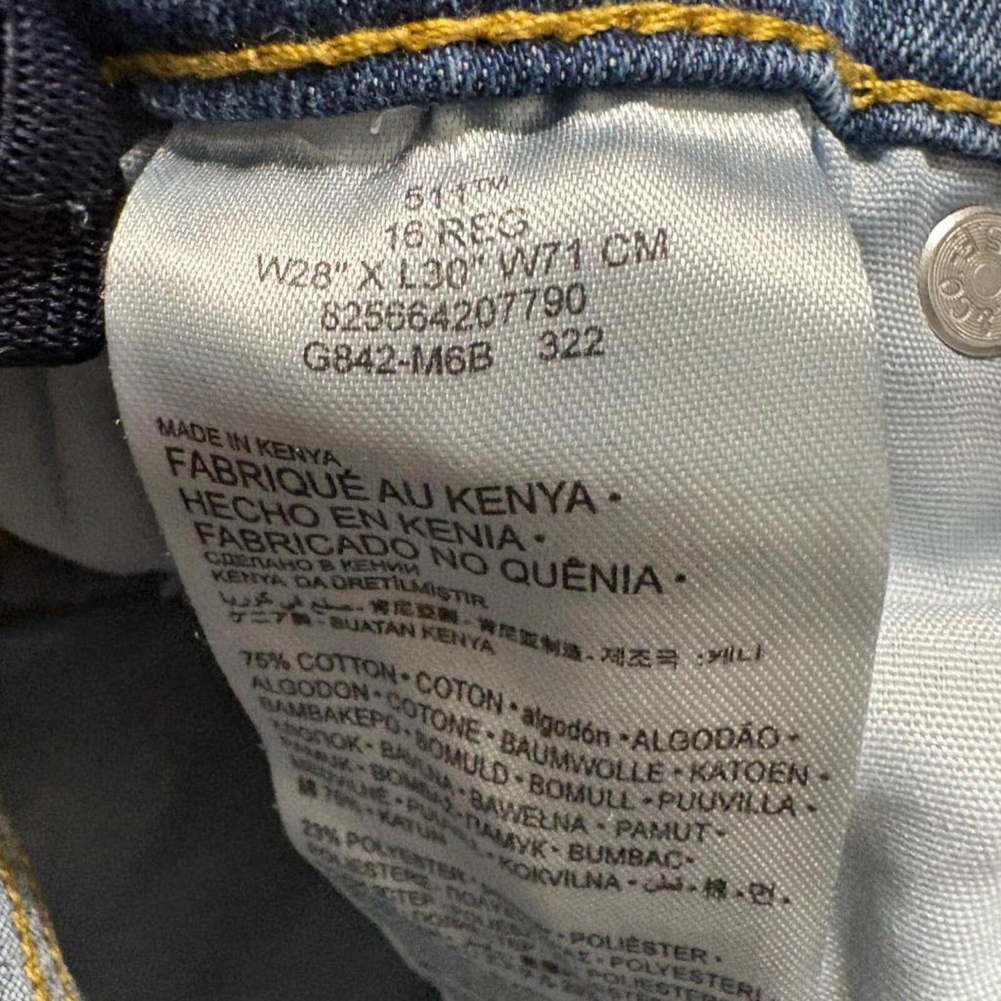Levis 511 Slim Jeans Boys Size 16 Reg W28 L30 Blue Denim Stretch Pants
