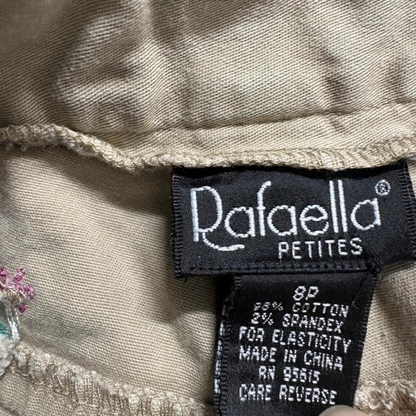 Rafaella Petites Embroidered Floral Khaki Pants Womens 8P Beige Cotton Stretch