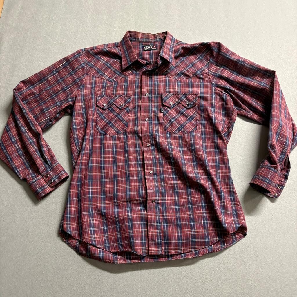 Vintage Levis Western Pearl Snap Shirt Mens XL Red Blue Plaid Tapered USA Made