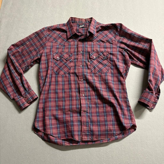 Vintage Levis Western Pearl Snap Shirt Mens XL Red Blue Plaid Tapered USA Made