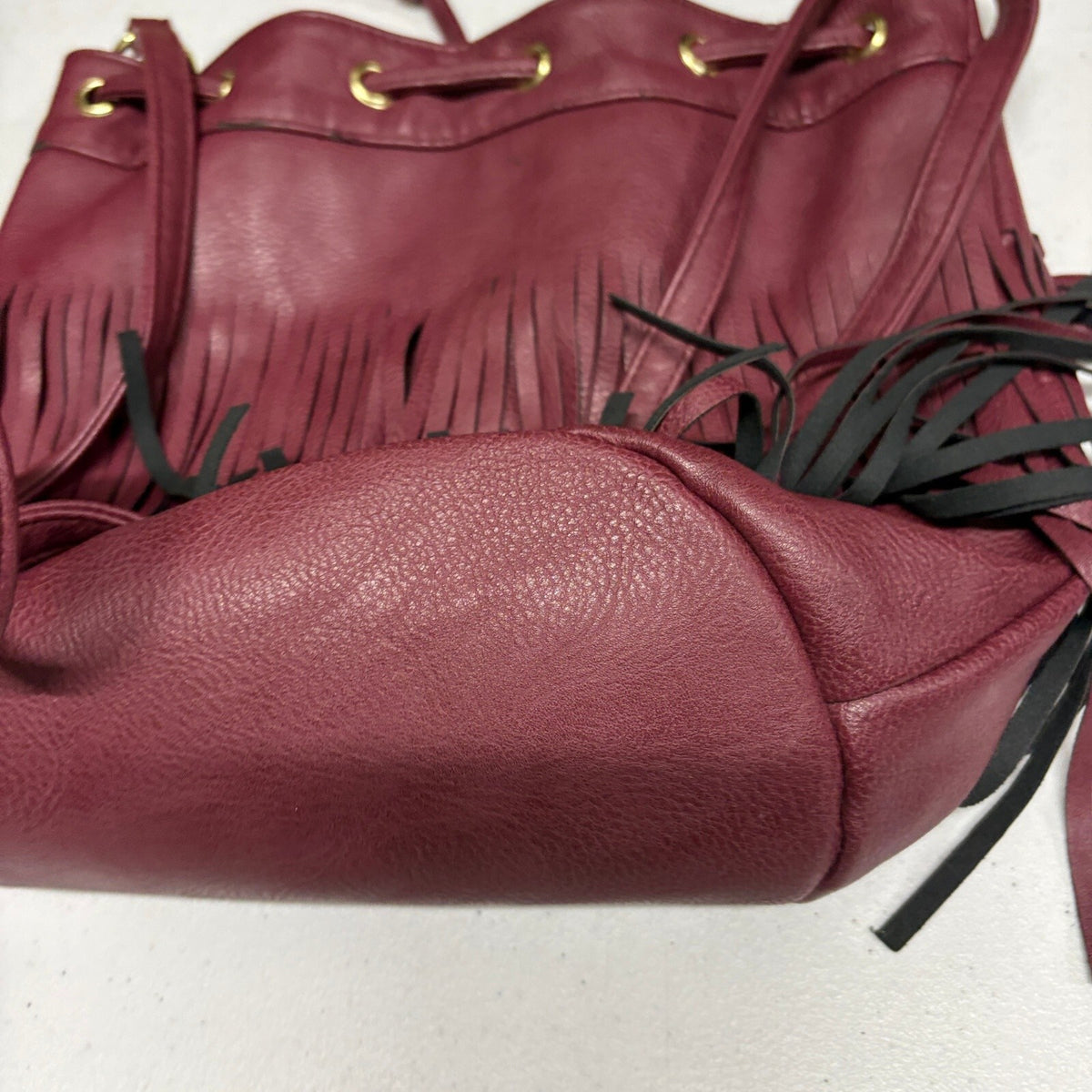 Burgundy Faux Leather Fringe Bucket Bag Women Boho Drawstring Crossbody Purse