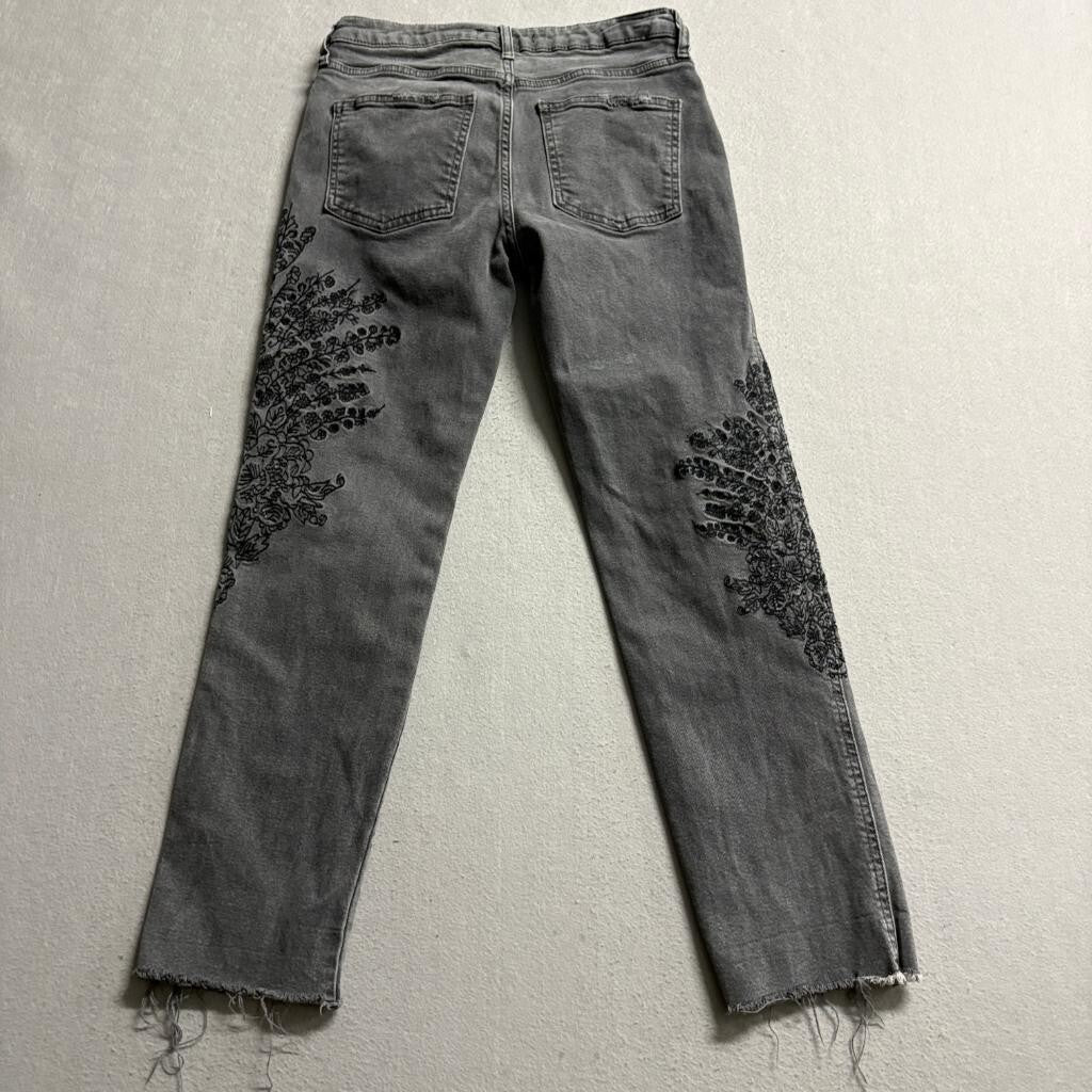 We The Free Free People Embroidered Jeans Womens 26 Gray Raw Hem Floral Crop