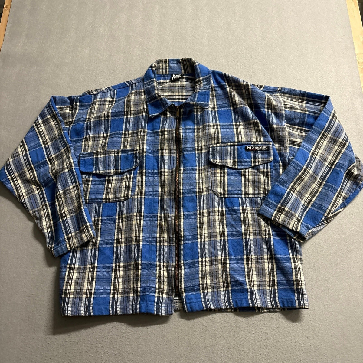 Vintage 90s No Fear Full Zip Flannel Plaid Shirt Mens XL Blue USA Made