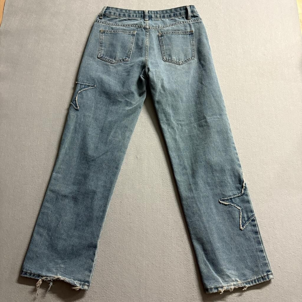 Angel Kiss Star Patch Jeans Womens Size 3/26 Blue Denim Straight Leg Raw Hem