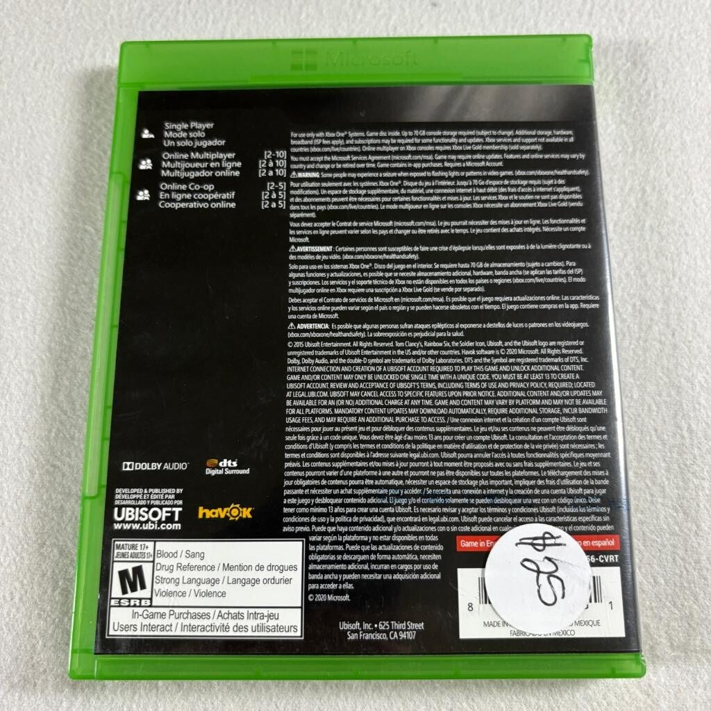 Tom Clancy's Rainbow Six Siege Xbox One Greatest Hits Case and Disc CIB