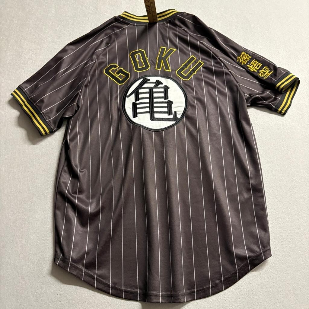 Dragon Ball Z Goku Baseball Jersey Shirt Mens Large BoxLunch Black Pinstripe