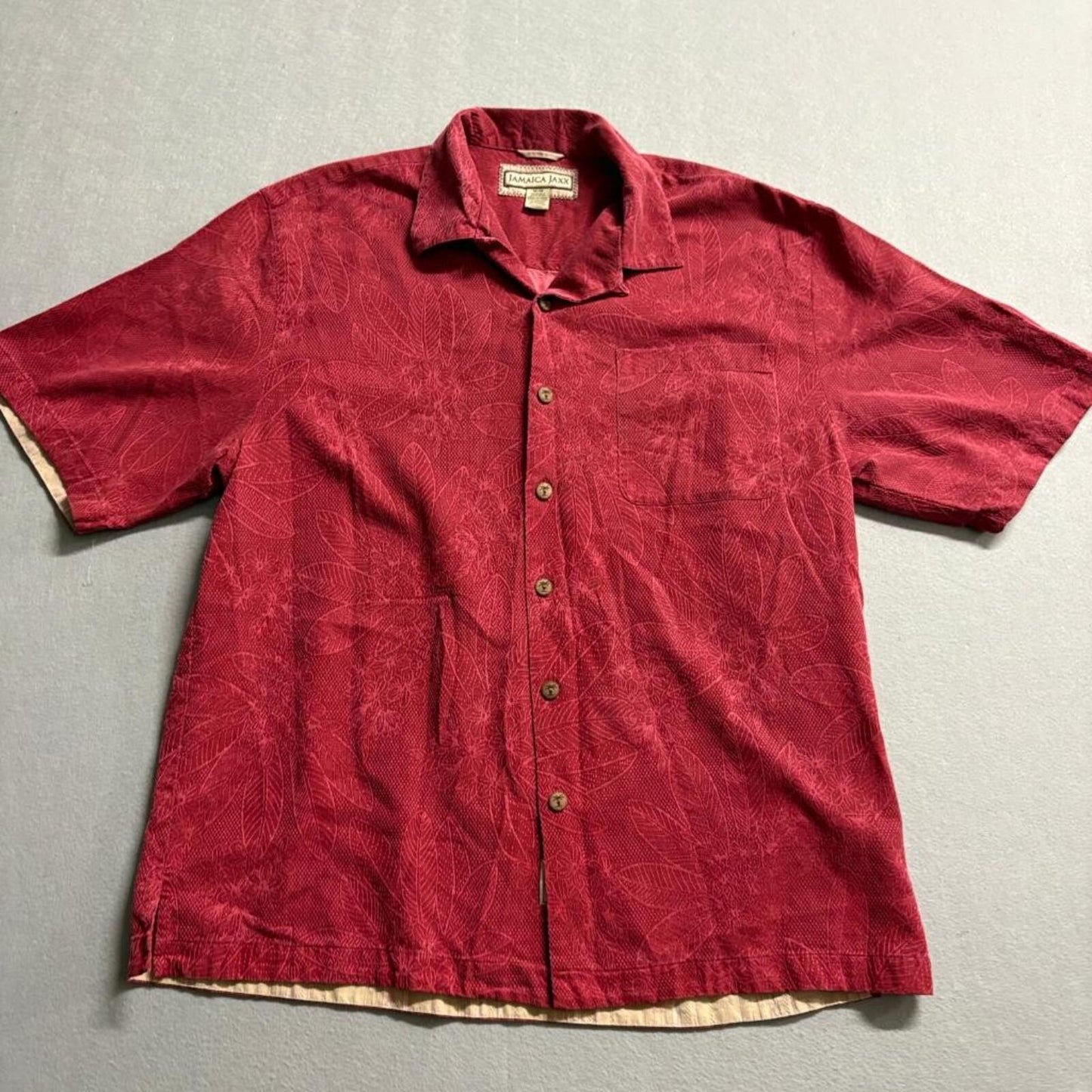 Jamaica Jaxx Silk Hawaiian Shirt Mens Medium Red Floral Jacquard Camp Aloha