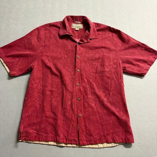 Jamaica Jaxx Silk Hawaiian Shirt Mens Medium Red Floral Jacquard Camp Aloha